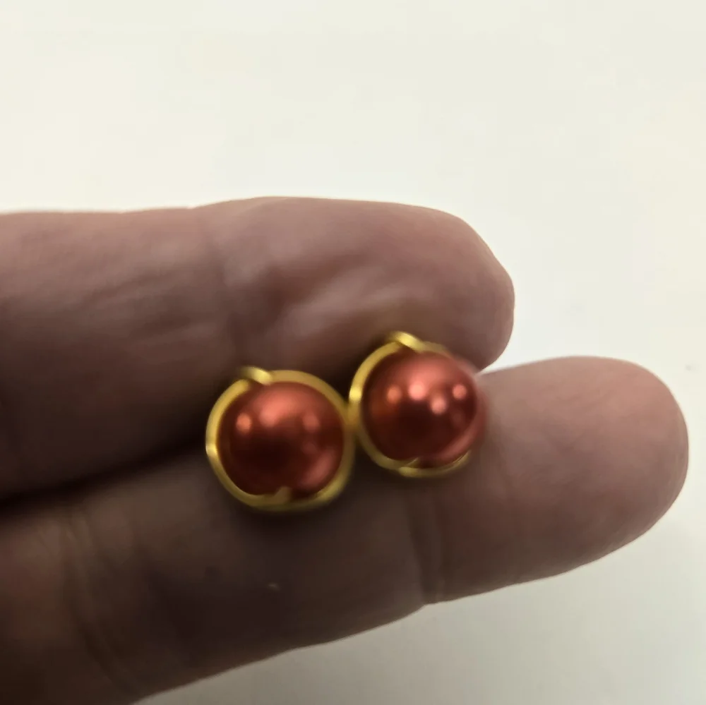 Hand Crafted Gold and Red Faux Pearl Post Earrings - Picture 7 of 10